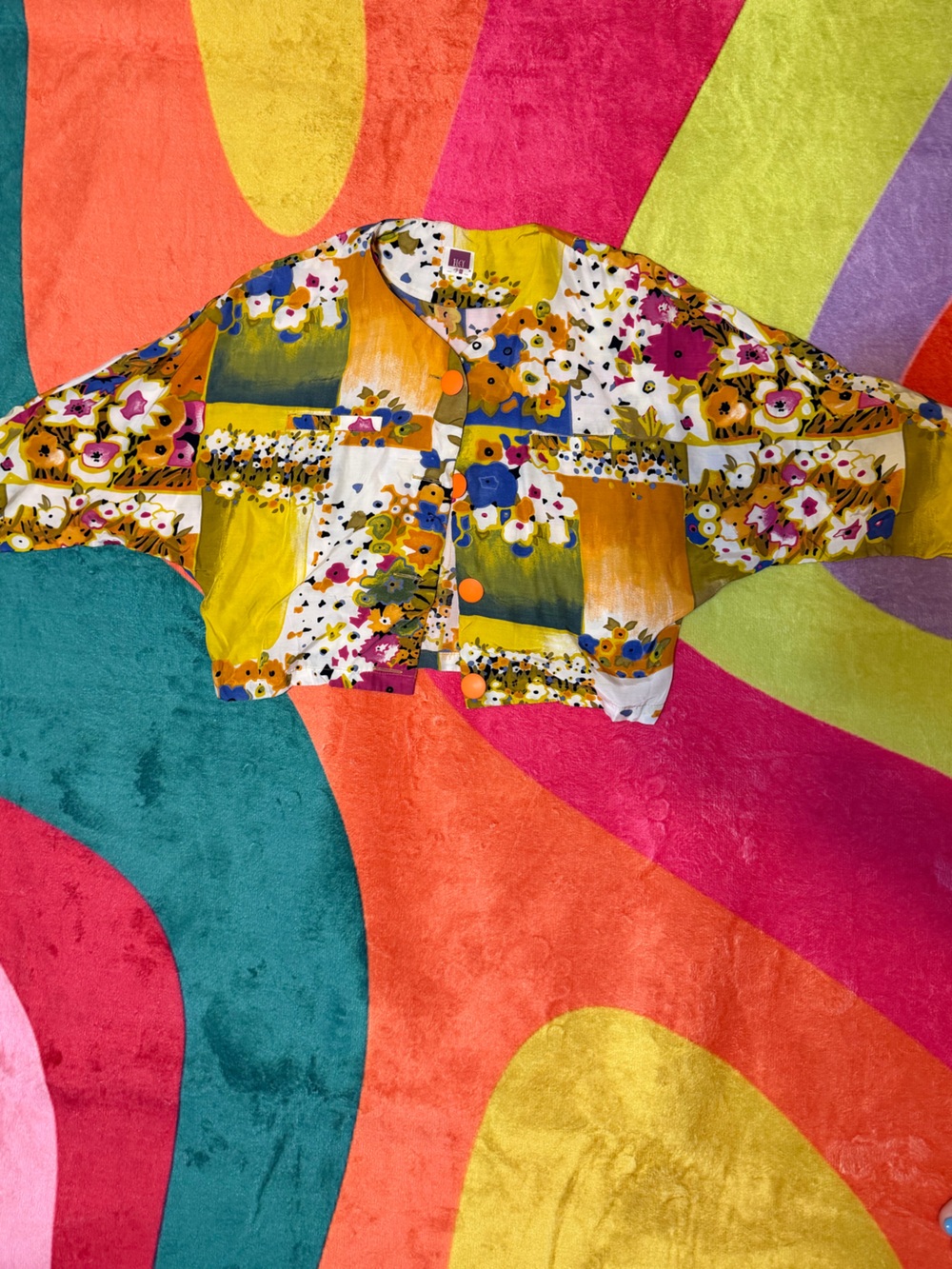 Vintage Colorblock Floral Cropped Blouse - Yellow, Orange, White, Blue